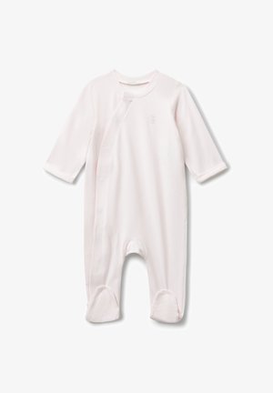 Un body pour bébé à manches longues de couleur rose pâle, avec jambes pied-de-poule et une fermeture à boutons-pression diagonale, présentant une subtile broderie d'ananas sur la poitrine.