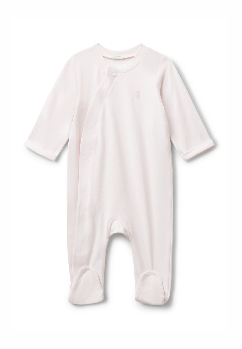 Měkký růžový body s dlouhým rukávem pro miminko, s nohavicemi a diagonálním zapínáním na druky, s jemně vyšitým ananasem na hrudi.