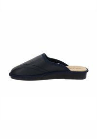 Pantofole interni navy blue senza lacci, con tomaia in pelle liscia, cuciture dettagliate, punta arrotondata e soletta imbottita per il massimo comfort.