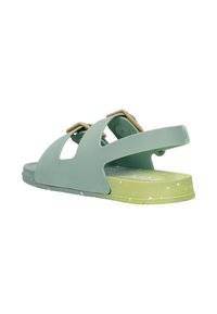 Sandale à glissière à bout ouvert vert sauge avec double boucle réglable et semelle plate jaune-vert tachetée.