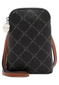 Czarna torebka typu crossbody z fakturowanej skóry z wzorem diamentowym, szarymi akcentami, zamkiem błyskawicznym oraz regulowanym brązowym paskiem z metalowymi okuciami.