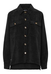 Černá kordurová košile s knoflíkovým zapínáním v přední části, dvěma náprsními kapsami a zlatými knoflíky. Obsahuje límec a dlouhé rukávy s manžetami.