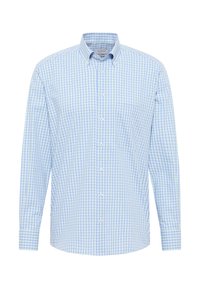 Camicia a maniche lunghe a quadri blu e bianchi con colletto button-down, taschino sul petto e chiusura a bottone. Tessuto di cotone con texture liscia.