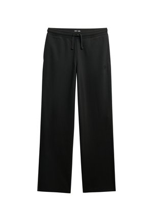 Pantalones deportivos de pierna ancha en negro con cintura de cordón, tela lisa y un logo sutil en el costado. Sin adornos ni patrones.