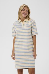 Kollane triibuline polo kleit siniste ja helesiniste horisontaalsete joontega. Lühikesed varrukad, krae ja lõtv istuvus. Sile kangatextuur.