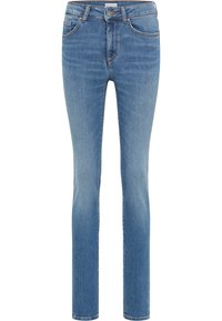 Fénykék farmer skinny nadrág klasszikus öt zsebes dizájnnal, kontrasztvarrással és közepes derékvonallal. Sima textúra, karcsúsított fazon.