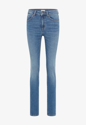 Hellblaue Skinny-Jeans aus Denim mit klassischem Fünf-Taschen-Design, kontrastierenden Nähten und mittelhoher Taille. Glatte Textur, schmaler Schnitt.