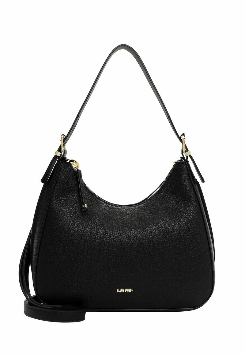 Borsa a mano in pelle nera con finitura texture, forma curvata, manico superiore singolo e tracolla regolabile. Presenta un dettaglio del logo in oro.