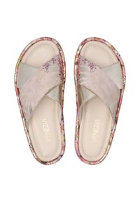 Floral-patterned slide sandals in pale gold and soft pink tones, featuring an overlapping strap design and a cushioned footbed.