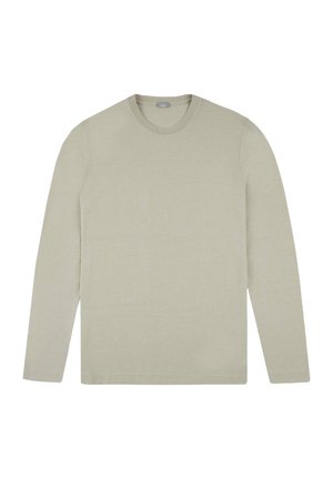 Camiseta de manga larga de color beige claro, hecha de una tela suave, con cuello redondo y un diseño simple, sin patrones ni acentos visibles.