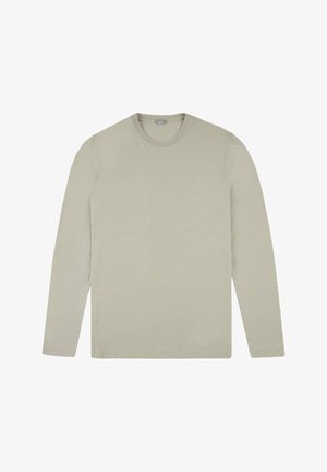 Helle beigefarbene Langarm-T-Shirt aus weichem Stoff, mit rundem Ausschnitt und schlichtem Design, ohne sichtbare Muster oder Akzente.