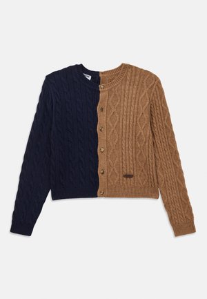 Strickjacke in Marineblau und Beige mit Zopfmuster, runder Halslinie und Holzknöpfen auf der beigen Seite.