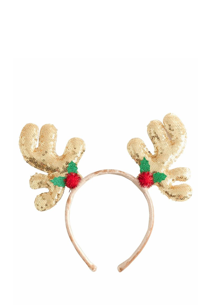 Kuldse sädelusega hirve sarvedega peapael, millel on rohelised holly lehed ja punased pom-pomid igal sarvel.