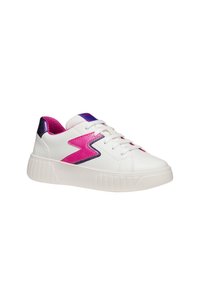 Hvide sneakers med struktureret overflade, prydet med en pink og lilla lyn-design, rund tå og gummisål med riller.