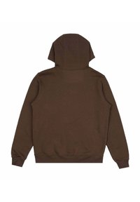 Ruskea huppari, jossa korkea kaulus ja säädettävä huppu. Valmistettu pehmeästä, teksturoidusta kankaasta, jossa resorireunukset hihoissa ja helmassa. Yksinkertainen, minimalistinen muotoilu.