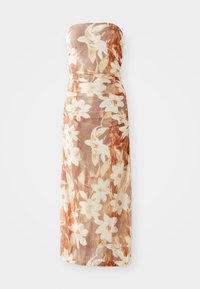 Mouwloze, bloemenjurk met een aansluitende bovenkant en een vloeiende rok. Kenmerkt een patroon van witte en oranje bloemen op een beige achtergrond. Getextureerde stof.
