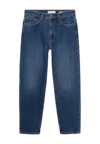 Jeans din denim albastru cu croi lejer, picioare drepte, design cu cinci buzunare și închidere cu nasture. Textură uzată cu o ușoară decolorare.