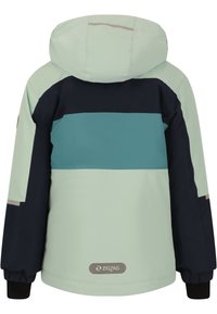 Giacca con cappuccio realizzata in un morbido tessuto verde menta chiaro, con strisce orizzontali blu navy e verde teal, polsini elasticizzati e un logo ZigZag sull'orlo.