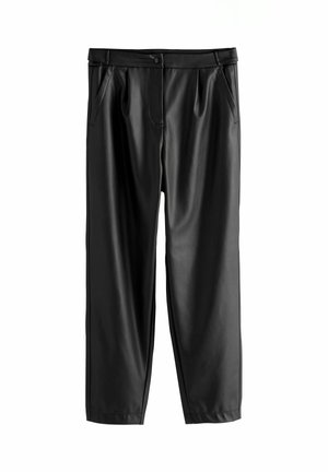 Black faux leather tapered pants with front pleats, side pockets, and a buttoned waistband against a white background.