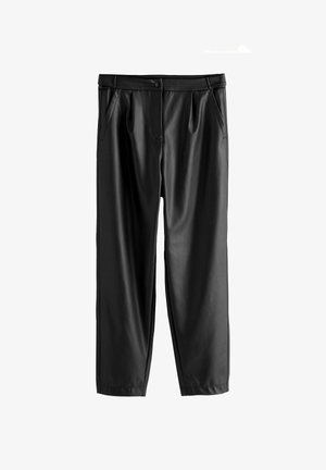 Black faux leather tapered pants with front pleats, side pockets, and a buttoned waistband against a white background.