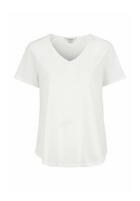 Hvid bomulds t-shirt med korte ærmer og v-hals. Enkel design, afslappet pasform, glat tekstur og ingen synlige mønstre eller accenter.