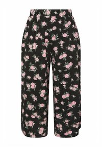 Pantaloni floreali in tessuto nero con una vestibilità a gamba ampia. Presentano rose pink e foglie verdi su tutto il capo, con una vita elastica per il massimo comfort.