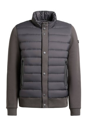 Dunkelgraue gesteppte Jacke mit seitlichen Reißverschlusstaschen, Druckknopfverschluss, hohem Kragen sowie gestrickten Ärmeln und Bündchen.