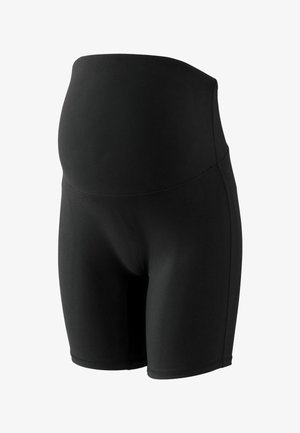 Fekete, magas derékú kismamás short, rugalmas anyagból készült, amely támogatja és takarja a terhes hasat.