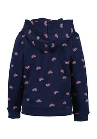 Navy hoodie with a hood, featuring a repeating pattern of small, colorful rainbows. Made of soft fabric with ribbed cuffs and hem.