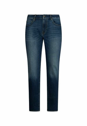 Jeans de mezclilla azul oscuro con corte recto, cinco bolsillos, cremallera y un acabado ligeramente desgastado en las piernas.