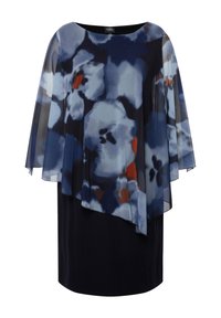Vestido de manga corta con un diseño de capas y tela transparente en patrones florales azules y blancos sobre una base negra sólida.