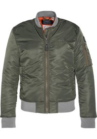 Olivengrüne Bomberjacke aus glattem Nylon mit gerippten grauen Bündchen und Kragen. Verfügt über einen Frontreißverschluss und eine Tasche am Ärmel.