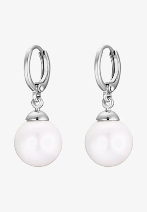 Sidabrinės kabinamos auskarai su dideliais, lygiais baltais perlais, pasižymintys poliruotu metaliniu tvirtinimu ir apvalia perlų forma.