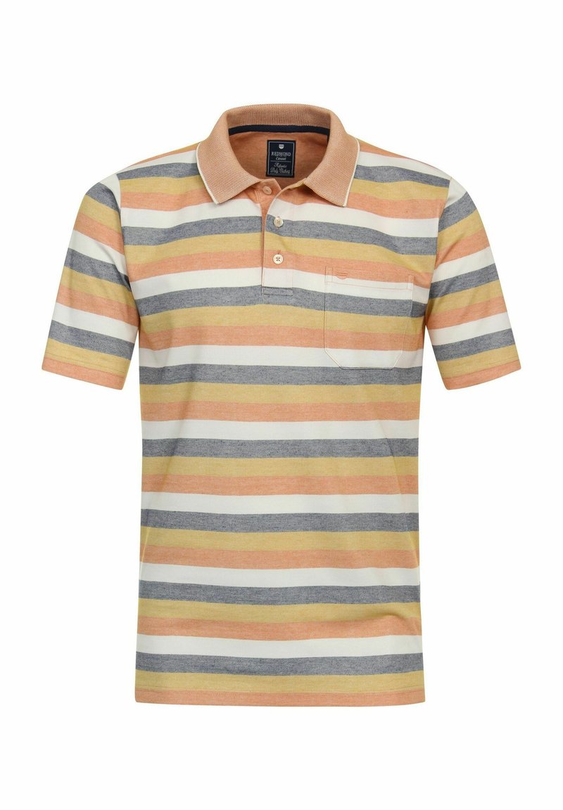 Pasiasty polo z naprzemiennymi pasami pomarańczowego, żółtego, szarego i białego. Krótkie rękawy, klasyczny kołnierzyk i detal kieszeni na przodzie.