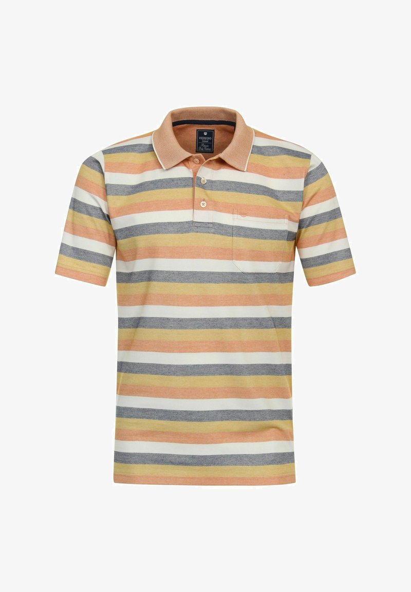 Pasiasty polo z naprzemiennymi pasami pomarańczowego, żółtego, szarego i białego. Krótkie rękawy, klasyczny kołnierzyk i detal kieszeni na przodzie.