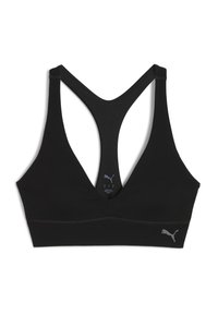 Crna sportska brusa s trokutastim izrezom, dizajnom s racerbackom i ravnim šavovima. Sadrži sivo Puma logo na lijevoj strani.
