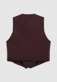 Gilet bordeaux con texture liscia, design a scollo a V, spacco posteriore e senza maniche. Forma semplice e sartoriale, ideale per abbigliamento formale.