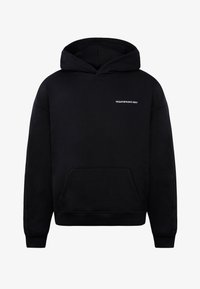Felpa con cappuccio nera in cotone, con tasca frontale e testo del logo bianco sul petto. Vestibilità classica con polsini a coste.