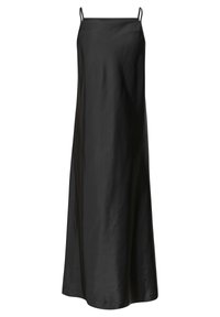 Czarna satynowa sukienka maxi z cienkimi regulowanymi ramiączkami, o zwiewnym kroju i gładkiej fakturze, z prostą, minimalistyczną sylwetką.