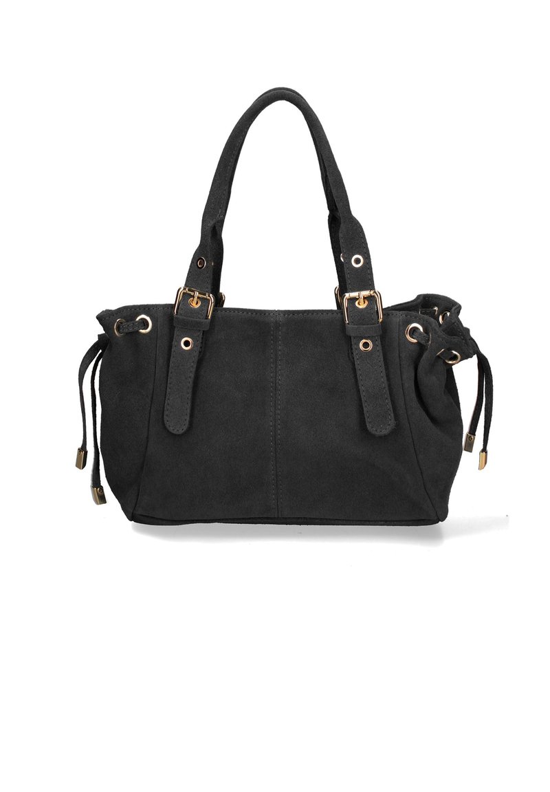 Zwarte suede handtas met dubbele handgrepen en gouden hardware. Voorzien van trekkoordsluitingen aan de zijkanten en een gladde, gestructureerde afwerking.