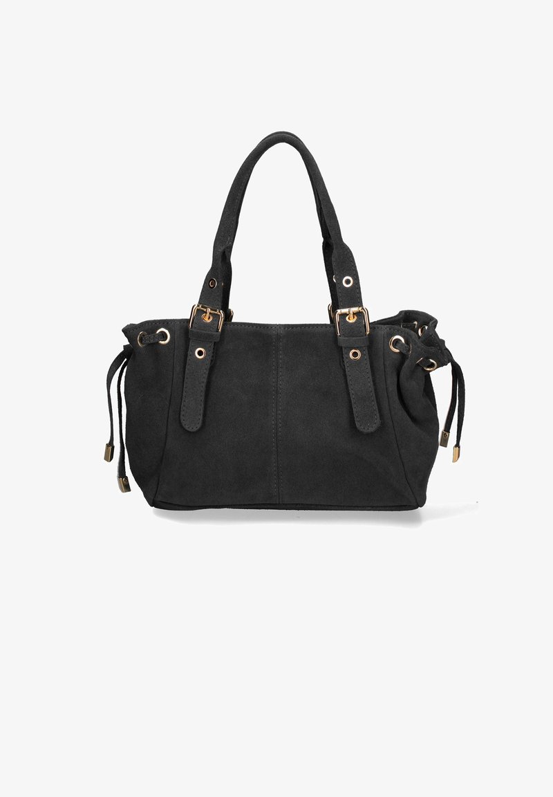 Zwarte suede handtas met dubbele handgrepen en gouden hardware. Voorzien van trekkoordsluitingen aan de zijkanten en een gladde, gestructureerde afwerking.