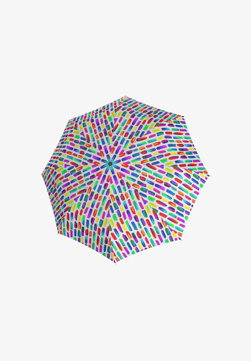 Multicolored umbrella featuring a vibrant pattern of brushstroke shapes in red, green, blue, and purple on a white background.