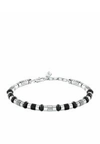 Bracciale in metallo con perle sferiche nere e argentate alternate, con accenti testurizzati e chiusura a gancio sicura.