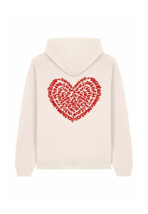 White hoodie featuring a large red heart design made of stylized text. Soft fabric, long sleeves, and a drawstring hood.