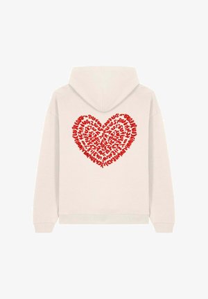 Sudadera blanca con un gran diseño de corazón rojo hecho de texto estilizado. Tela suave, mangas largas y capucha con cordón.