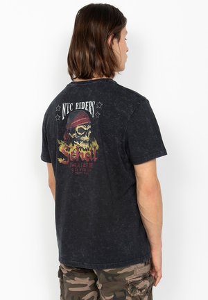 Schott BIKER T-SHIRT, SLUB YARN - T-shirt imprimé - noir délavé