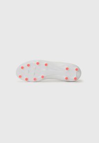 White soccer cleat outsole featuring 12 pink studs. Smooth texture with a curved shape and slight contours for traction.