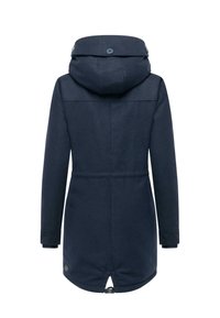 Navy blue women's hooded parka coat with long sleeves, back buttoned flap on hood, and adjustable hem drawstring.
