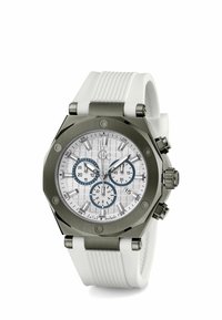 Orologio sportivo con cassa ottagonale in acciaio inossidabile argentato, quadrante bianco testurizzato, accenti blu, cinturino in gomma bianca e funzioni cronografiche.