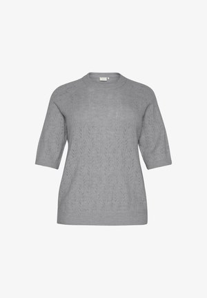 Hellgrauer, gestrickter Pullover mit kurzen Ärmeln, runder Ausschnitt und feinem Blattmuster im gesamten Stoff.